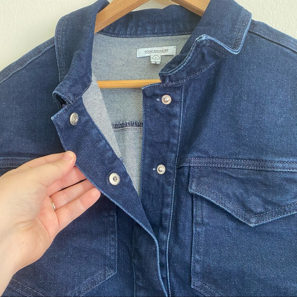 Good American The 70s Icon Belted Cropped Denim Jacket Deep Blue 0 XS NWT - Picture 5 of 16